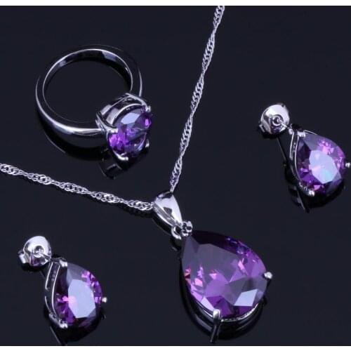 Terrific Water Drop Purple Cubic Zirconia Silver Plated Jewelry Sets Earrings Pendant Chain Ring V0958
