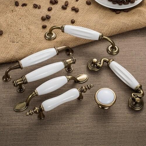 Antique Bronze Ceramic Cabinet Handles Zinc Alloy White Drawer knobs Wardrobe Door Handle Simple European Furniture Hardware