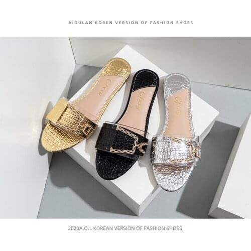 2021 Women Slippers Flat Heel Silver Gold Women Buckle Slides Shoe Summer Outdoor Beach Crystal Sandals Slipper Female Flip Flop