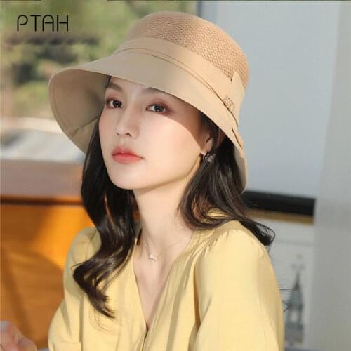 [PTAH] Fashion Sun Hats Female UPF 50+ Wide Brim Roll-up Straw Lightweight Foldable Beach Hats Breathable Sun Protection Visors