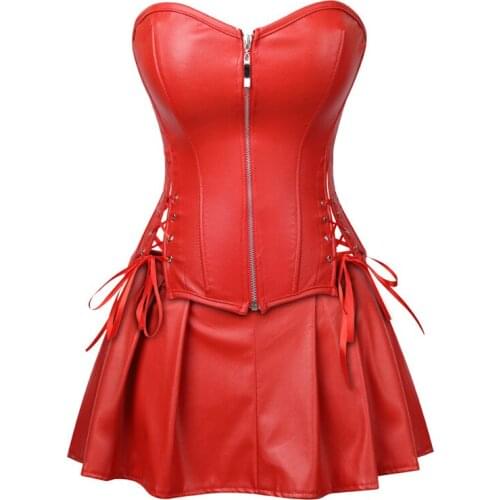 Steampunk Sexy Womens Lace Up Back Corset Dress Gothic Body Shaper Mini Skirt Dress Strapless Red Faux Leather Overbust Corset