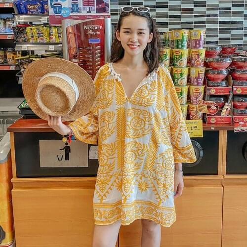 Loose folk embroidery embroidered dresses tassel show white collar horn sleeve cover meat seaside holiday skirt