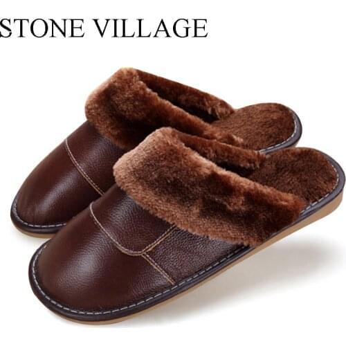 2020 Genuine Leather Slippers Home Slippers High Quality Women Men Slippers Plush Warm Indoor Shoes Men Women Size 35-44