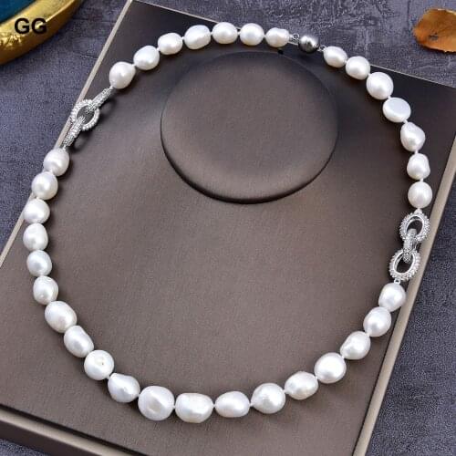 GuaiGuai Jewelry 21'' 13MM Natural White Baroque Keshi Pearl White Gold Color Plated CZ Pave Connetor Necklace For Women