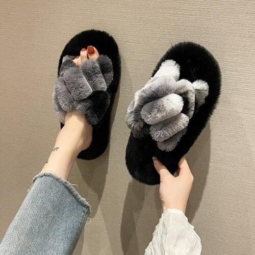 Women Fur Slippers Soft Luxurious Plush Indoor Cross Vamp Open Toes 2021 Winter New Faux Fur Warm Ladies Bedroom Slippers