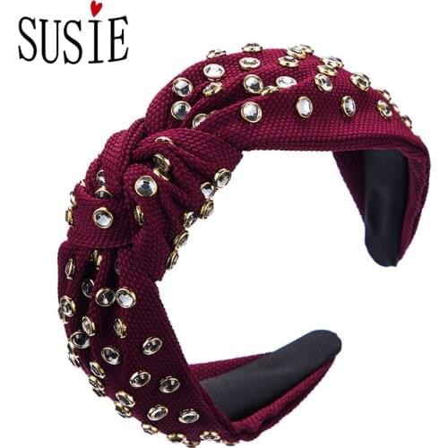 LOVE SUSIE Ladies Hairband Fabric Hairwear Fashion Knotted Rhinestone Simple Elegant Paty Casual Hair Accessories Wide Brim