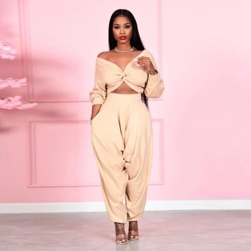 Elastic Hight Waist Casual Women Solid Two Piece Loose Sets 2021 Fashion Spring Autumn Long Sleeve Crop Top and Stacked Pants