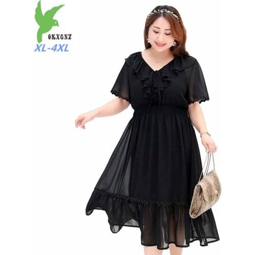 Fashion Oversize Women Plus size XL-4XL Short Sleeve Chiffon Ruffle Maxi Dresses Female Elastic Waist Loose Dresses Vestido G55