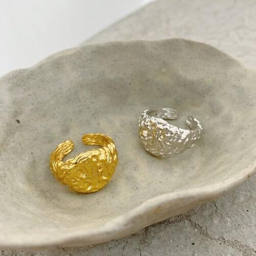 1pc 18K Gold Authentic S925 Sterling Silver FINE Jewelry Round Irregular Texture harmered Ring Handmade adjust TLJ1495