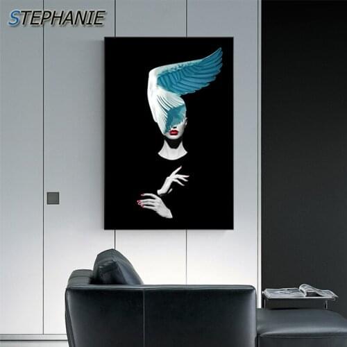 Abstract Feather Girl Canvas Painting Modern Sexy Red Lip Nail Girl Wall Art Picture for Living Room HD Figure Poster and Print