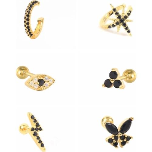 CANNER 925 Silver Mysterious Black Fashion Crystal Earrings For Women Girls Huggie Earrings Ear Bone Piercing Aretes De Mujer