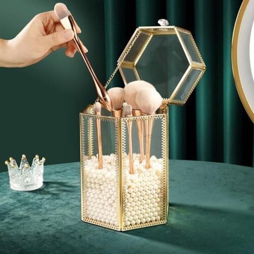 Geometric Glass Makeup Brush Box Holder Jewelry Box Pencil Bucket Makeup Organizer Desktop Cosmetic Storage Box Pearls Barrel