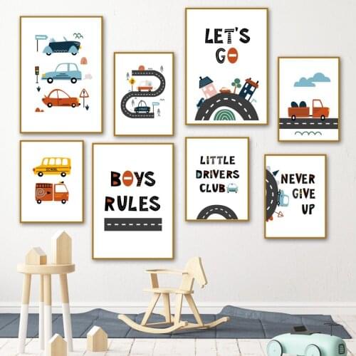 Kids Room Decor Painting Cartoon Train Car Bus Poster and Print Child Nursery Wall Art Picture for Living Room Kindergarten