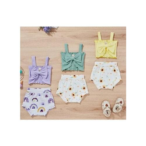 2-Piece Children Floral Suit Summer Solid Color Sleeveless Bow-Knot Blouse + Floral Print Shorts Purple/Green/Yellow 0-24 Months