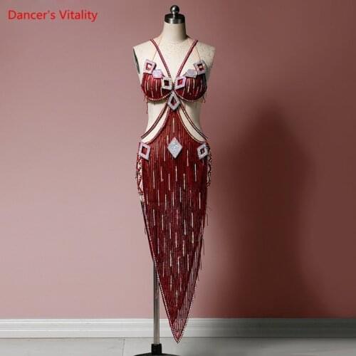 Belly Dance Suit Sequins Diamond-Studded Bra Tassel Skirt Performance Set High-End Custom Adult Child Competition Clothing