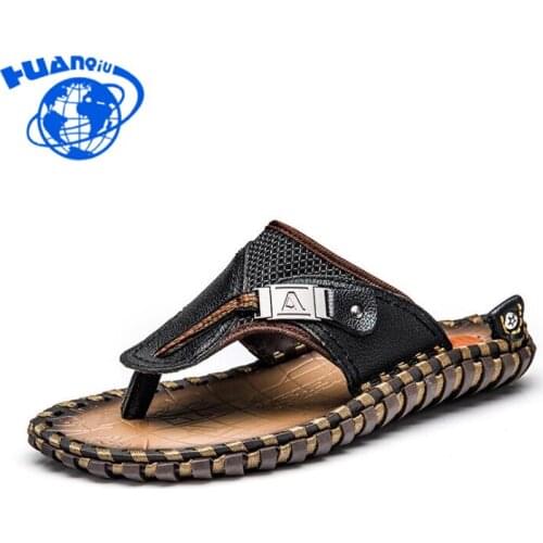 HUANQIU The First Layer Of Leather Handmade Mens Sandals And Slippers The Summer Beach Slippers Mens Large Flip-flops wyq116