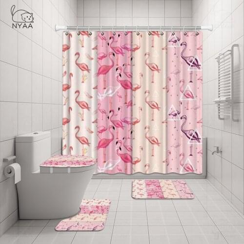 NYAA Trendy White Flamingo Rose Flowers Shower Curtain and Rug Set Geometric Pink Flamingo 4PCS Bathroom Curtain for Toilet Mat