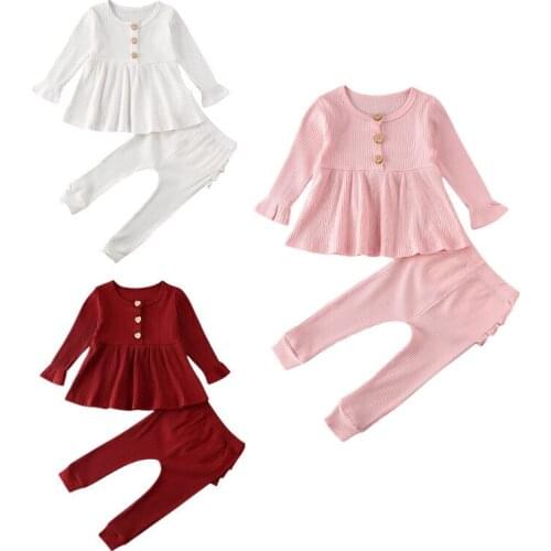 Pudcoco Infant Baby Girl Clothes Solid Knitted Tops Oufits Button Mini Dress Tops +Ruffle Leggings Pants Casual Kids Outfits