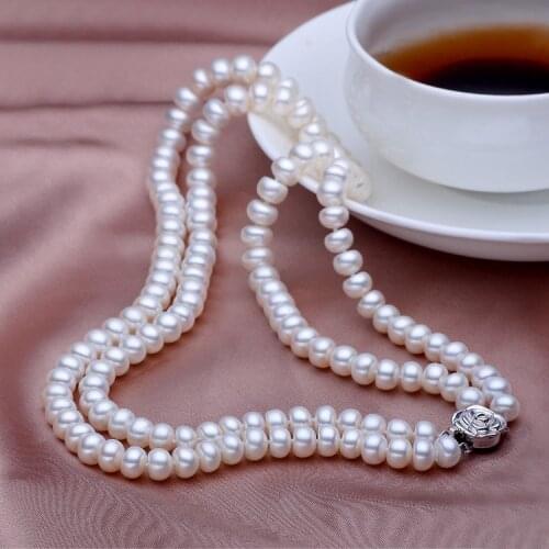 Noble women gift Jewelry Silver Clasp Fine 9-10MM 100% Natural Real 2ROW Freshwater Pearl Necklace