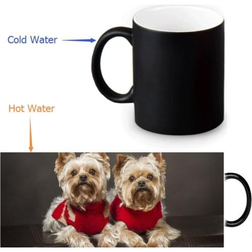 Custom Magic Mugs Yorkshire Terrier Coffee Milk Hot Cold Heat Sensitive Color Changing Black and White 12 Oz Ceramic Mug