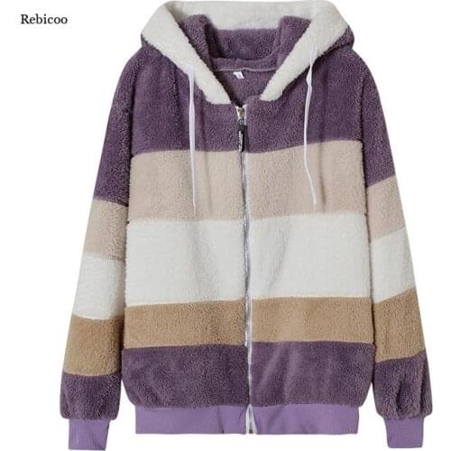 Winter Sherpa Fleece Sweater Oversized Fluffy Zipper Cardigan Hooded Warm Hip-Hop Tops Stripes Patch Color Teddy Sweaters