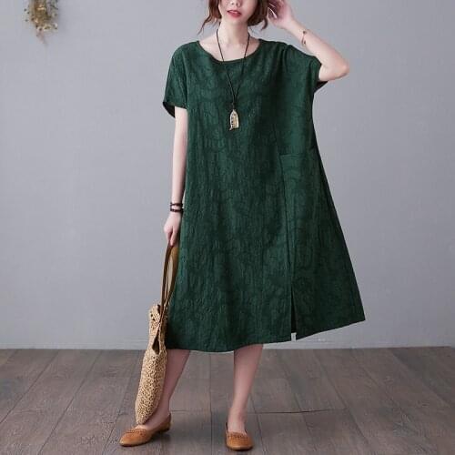 Vintage Dress 2021 New Arrival Soft Cotton Linen Jacquard Short Sleeve Loose Summer Dress Plus Size Women Travel Casual Dress