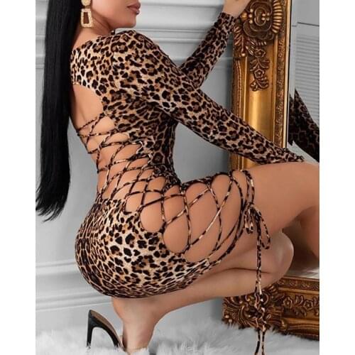 Women Clothing Dresses for Party Animal Printed Sexy Dresses Women Long Sleeve Hollow Out Dress Party Sexy Clubwear