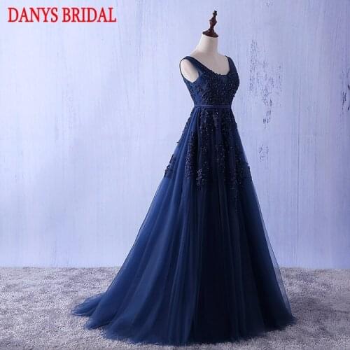 Navy Blue Long Lace Evening Dresses Party 2017 Women A Line Prom Formal Evening Gowns Dresses Wear abendkleider