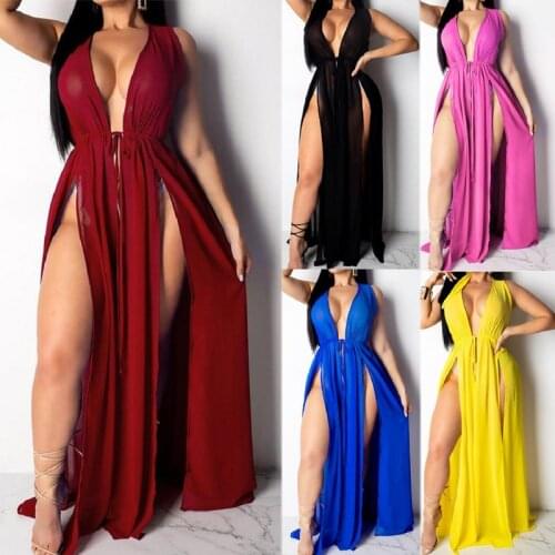 Hot Sexy Women Beach Cover Ups Swimwear V-neck Beach Maxi Wrap Long Dress Bikini Cover Up Sarong Kimono Kaftan Dress Beachwear