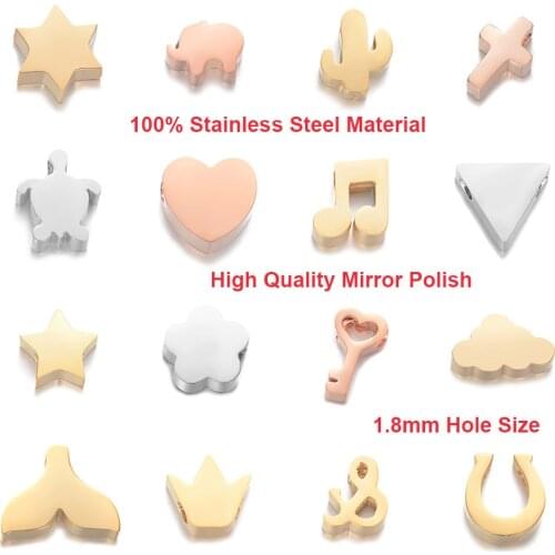 5pcs 316L Stainless Steel Beads 1.8mm Hole Can Fit 1mm/1.5mm Chains DIY Jewelry Heart Star Moon Elephant Turtle Cross Crown