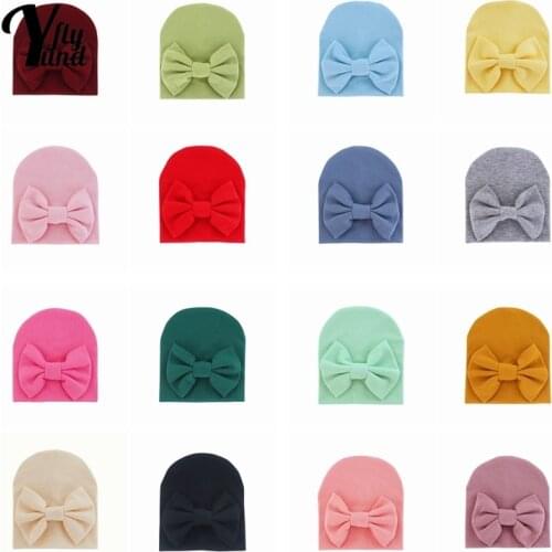 Yundfly Double Layer Solid Color Knitted Cotton Infant Hats Cute Handmade Bowknot Baby Girls Caps Soft Warm Children Headwear
