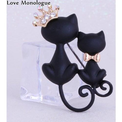 Love Monologue Top Quality Creative Black Mother Daughter Cats Brooches Sparkling Crystal Crown Queen Brooch T043 Box Packing
