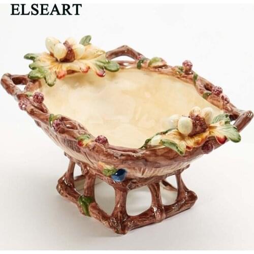 Ceramic relief American European vintage fruit tray large bowl basket with flower for home table decoration