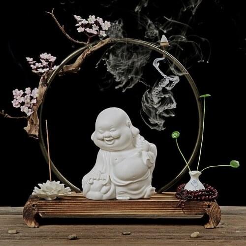 Chinese Zen Decoration Ceramic Maitreya Buddha Decoration Tea Table Aromatherapy Backflow Incense Burner Creative Decoration