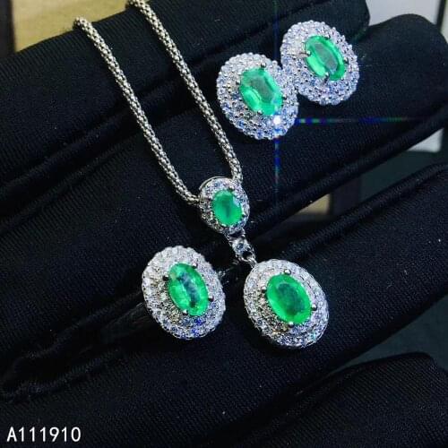 KJJEAXCMY fine jewelry 925 sterling silver inlaid Natural Emerald Ring Earring Necklace Set Support Test noble