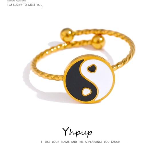 Yhpup Stainless Steel Black White Ring High Quality Enamel Resizable Yin Yang Ring Jewelry for Women Bijoux Femme Summer 2021