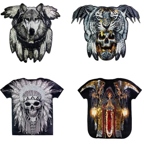 Cool Men Large Size Wolf Sequined Applique Patches Skull Punk Motorcycle Badge Jackets Jeans Backpacks
