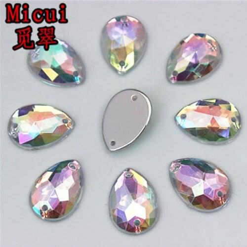 Micui 100PCS 13*18mm AB Clear Drop Acrylic Rhinestones Crystal Flat Back Beads Sew On 2 Holes For Clothing Craft ZZ194