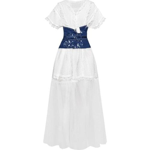 Fashion outfit summer woman set tassel v neck crochet polka dots white dress + denim waist girdle + floor length skirt