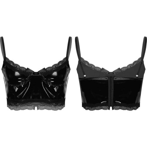 Mens Gothic Lingerie Exotic Tanks Leather Crop Top Summer Punk Sissy Lace Trim Bowknot Sleeveless Vest Tops for Evening Clubwear