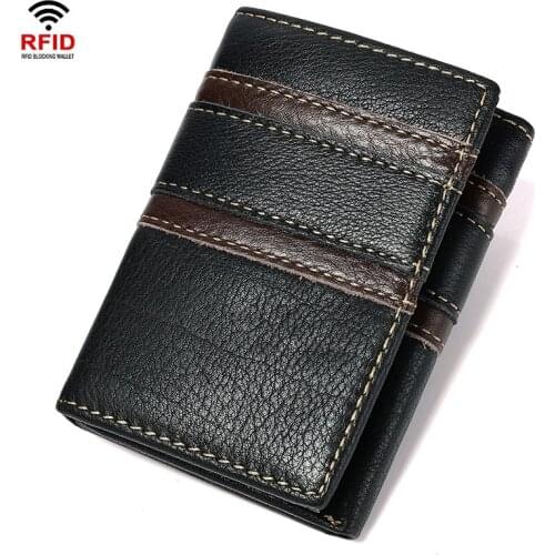 3 Fold Mens Genuine Leather Wallet RFID Blocking Vertical Mini Business Card Holder Purse