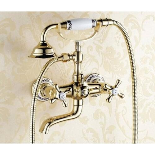 Wall Mount Golden Color Brass Bathroom Tub Faucet Set with 150CM Handheld Shower Spray Head Mixer Tap 2tf408