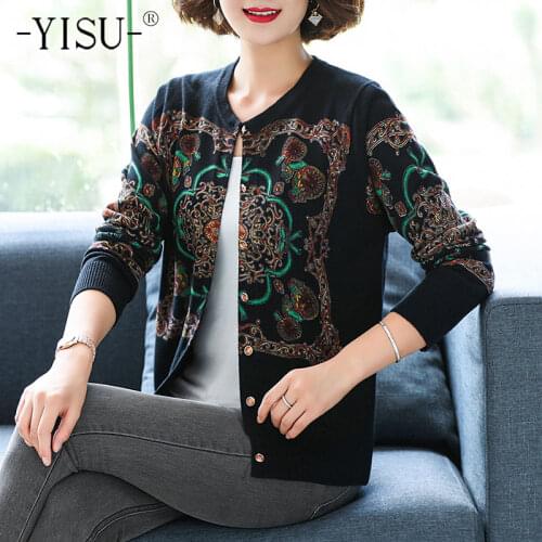 YISU New Women Spring Autumn Sweater Cardigan O-Neck Printing Coat Female Casual Knitted Cardigan Single breasted Women clothing