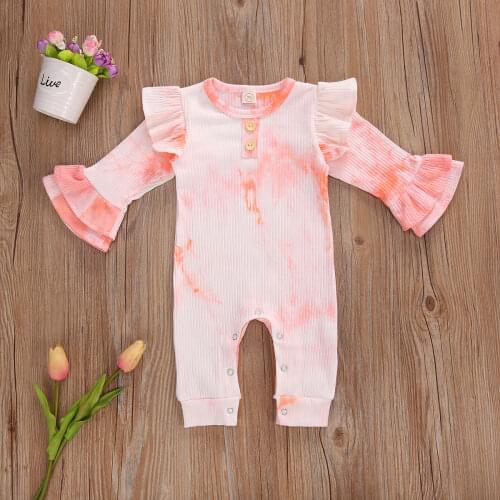 Baby Girl Clothes Romper Tie-Dye Round Neck Ruffles Long Flared Sleeve Jumpsuit for Newborn Girls