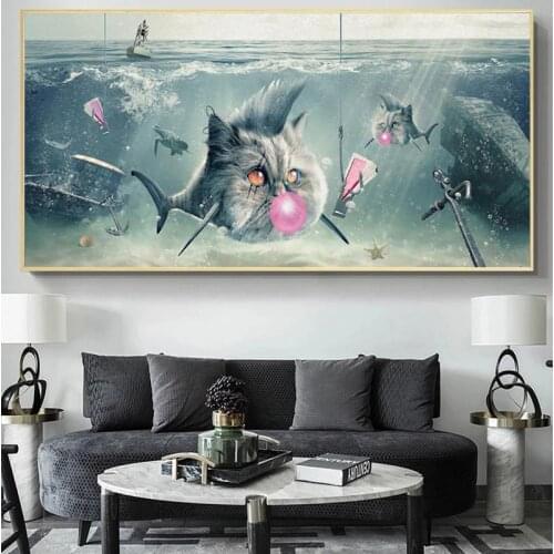 Fish blowing bubbles Poster Art Home Decor Funny Animal Canvas Painting Modern Art Wall Pictures For Living Room Frameless