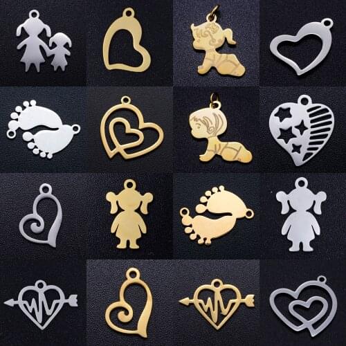 5pcs/lot diy family babe girl boy stainless steel charm pendant wholesale baby foot mom heart jewelry bracelet connector charms
