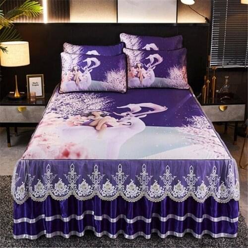 Summer ice silk bed-skirt mats machine washable non-slip mat bedspread princess lace printed soft mat bed cover