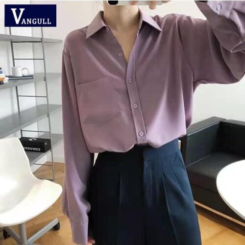 Vangull Women Shirt 2021 Spring Autumn Oversize T-shirt With Long Sleeve Pocket Office Female Single-breasted Top Blouse