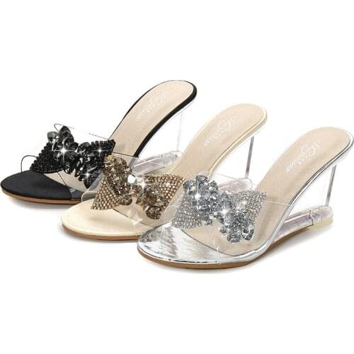 Women Transparent Wedge Heel High Sliper Sweet Butterfly Crystal Stone Sandal Summer Sexy Open Toe Wedding Party Ladies Shoes
