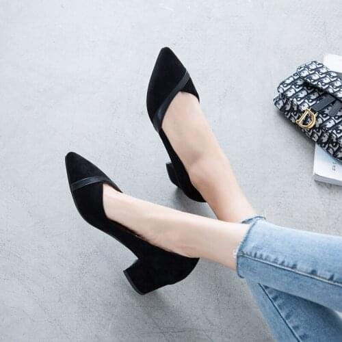 2021 Ladies Thick High Heels Shoes Women Pumps Pointed Toe Work Shoes Stitching cloth Slip On High Heels Spring Footwear 32-43